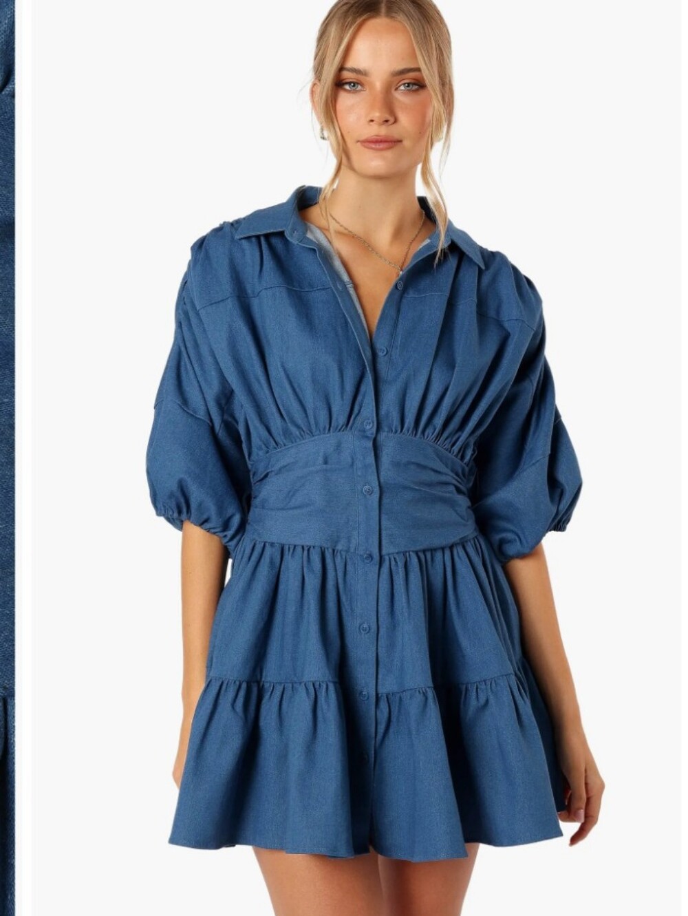 Petal & Pup Plus Size 14: Blue Denim Button-Down Collared Teired Mini Dress